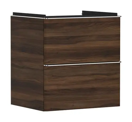 Waschtischunterschrank aus Holz mit zwei Schubkästen, entworfen von Hansgrohe, in dunkler Nussbaumfarbe. Schlichte Formgebung ohne sichtbare Griffe.